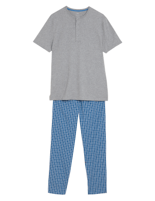 

Mens M&S Collection Schlafanzug aus reiner Baumwolle mit Karomuster - Blue Mix, Blue Mix