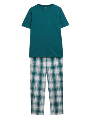 

Mens M&S Collection Pure Cotton Checked Pyjama Set - Teal Mix, Teal Mix