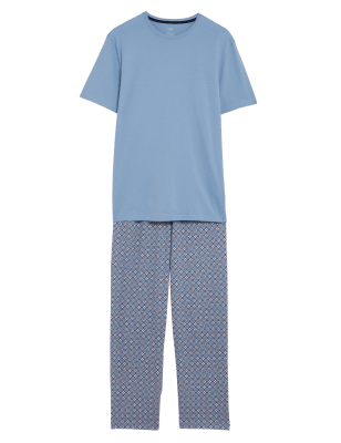 

Mens M&S Collection Pure Cotton Printed Pyjama Set - Light Blue Mix, Light Blue Mix