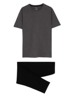 M&S Mens Cotton Rich Marl Effect Pyjama Set - Black Mix, Black Mix