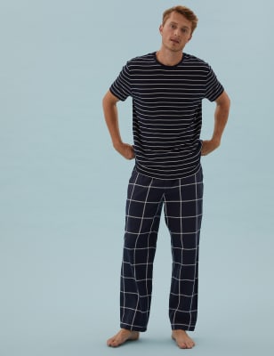 

Mens M&S Collection Pure Cotton Checked Loungewear Bottoms - Navy Mix, Navy Mix