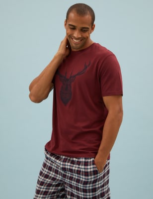

Mens M&S Collection Pure Cotton Stag Print Loungewear Top - Burgundy, Burgundy