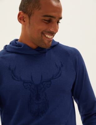 

Mens M&S Collection Supersoft Stag Print Hoodie - Blue Marl, Blue Marl