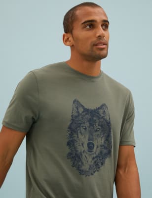 

Mens M&S Collection Pure Cotton Wolf Print Loungewear Top - Khaki, Khaki