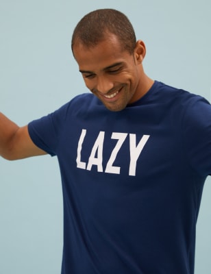 

M&S Collection Top informal 100% algodón con texto 'Lazy'Mens - Indigo, Indigo