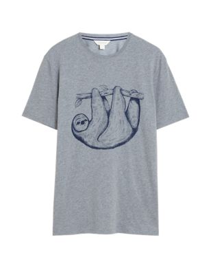 

Mens M&S Collection Pure Cotton Sloth Graphic Loungewear Top - Grey Marl, Grey Marl