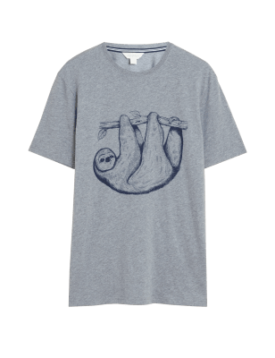 

Mens M&S Collection Pure Cotton Sloth Graphic Loungewear Top - Grey Marl, Grey Marl