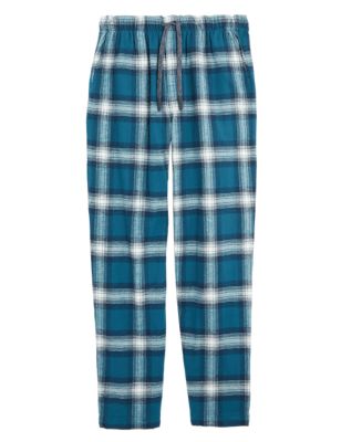 Mens M&S Collection Brushed Cotton Checked Loungewear Bottoms - Teal Mix