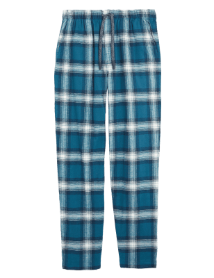 Mens M&S Collection Brushed Cotton Checked Loungewear Bottoms - Teal Mix