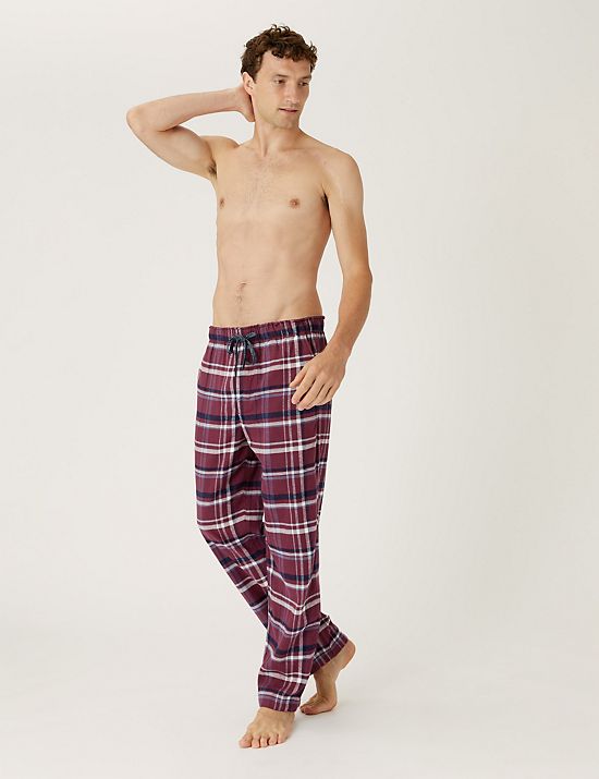 Men's Vintage Tartan Striped Long Sleeve Pyjamas Set Trouser Bottoms Plus Size 