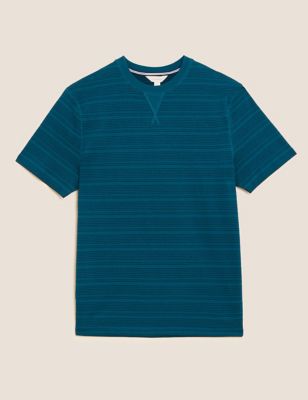 M&S Mens Pure Cotton Striped Loungewear Top - Teal Mix, Teal Mix