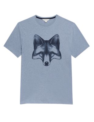 Mens M&S Collection Pure Cotton Fox Graphic Loungewear Top - Blue Marl