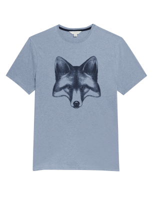 Mens M&S Collection Pure Cotton Fox Graphic Loungewear Top - Blue Marl