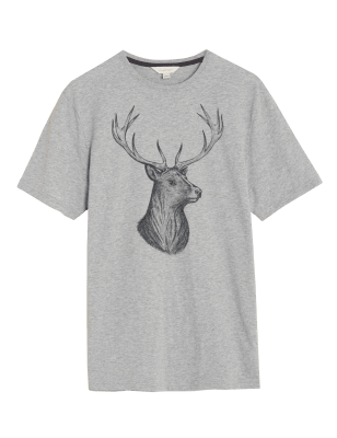 

Mens M&S Collection Pure Cotton Stag Graphic Pyjama Top - Grey Marl, Grey Marl