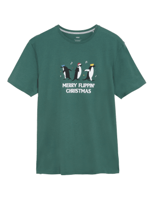 

Mens M&S Collection Loungewear-Oberteil aus reiner Baumwolle mit Pinguinmuster - Green Mix, Green Mix