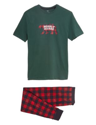 M&S Mens Cotton Blend Supersoft Checked Pyjama Set - Red Mix, Red Mix