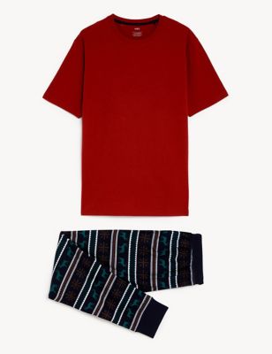 M&S Mens Pure Cotton Supersoft Stag Print Pyjama Set - Red Mix, Red Mix