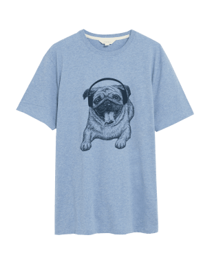 

Mens M&S Collection Pure Cotton Pug Graphic Loungewear Top - Blue Marl, Blue Marl