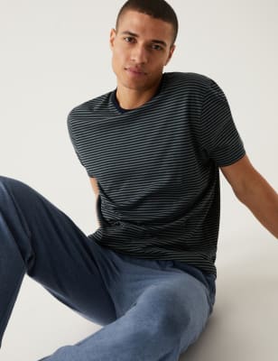 

Mens M&S Collection Pure Cotton Striped Loungewear Top - Navy Mix, Navy Mix