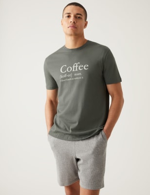 

Mens M&S Collection Loungewear-Oberteil aus reiner Baumwolle mit Schriftzug „Coffee“ - Green Mix, Green Mix