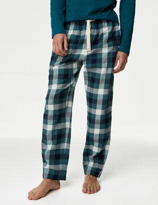 M&S Mens Pure Cotton Checked Loungewear Bottoms - Green Mix, Green Mix