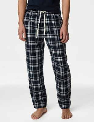 M&S Mens Pure Cotton Checked Pyjama Bottoms - Navy Mix, Navy Mix