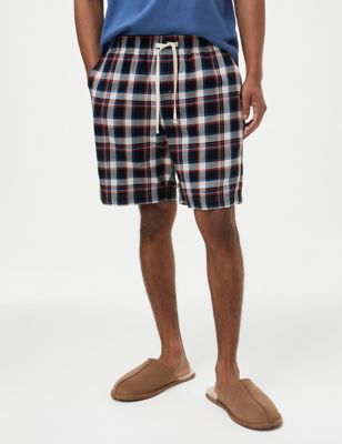 M&S Men's Pure Cotton Checked Loungewear Shorts - Navy Mix, Navy Mix