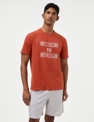 M&S Mens Pure Cotton Slogan Loungewear Top - M - Orange Mix, Orange Mix
