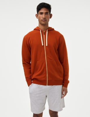 M&S Men's Cotton Rich Zip Up Hoodie - M - Burnt Orange, Burnt Orange,Bright Blue