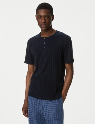 M&S Men's Pure Cotton Ribbed Loungewear Top - M - Navy Mix, Navy Mix,Ecru Mix