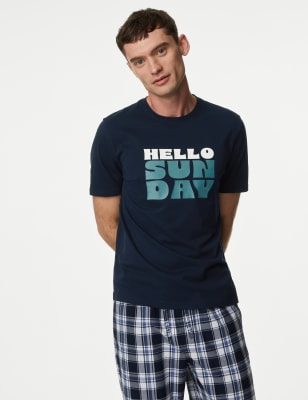 M&S Mens Pure Cotton Hello Sunday Loungewear Top - Navy Mix, Navy Mix