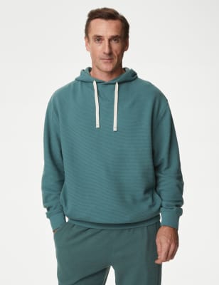 M&S Mens Pure Cotton Textured Oversized Hoodie - L - Smokey Green, Smokey Green,Navy