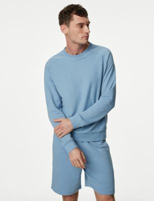 M&S Mens Cotton Rich Loungewear Sweatshirt - Light Blue, Light Blue,Sand