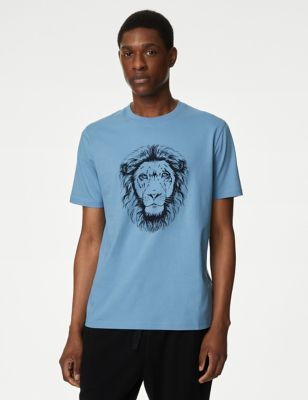 M&S Mens Pure Cotton Lion Graphic T-Shirt - M - Blue Mix, Blue Mix