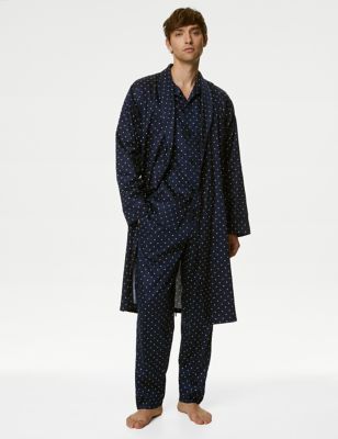 M&S Men's Pure Cotton Polka Dot Dressing Gown - Navy Mix, Navy Mix