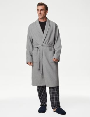 M&S Mens Pure Cotton Waffle Lightweight Dressing Gown - M - Grey Mix, Grey Mix,Black