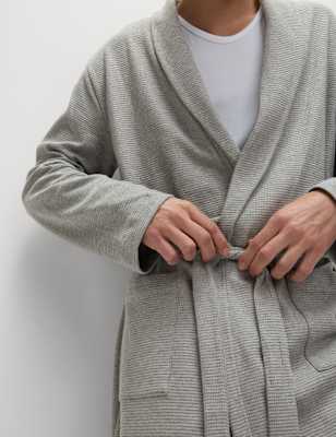 M&S Mens Pure Cotton Waffle Lightweight Dressing Gown - M - Grey Mix, Grey Mix,Black