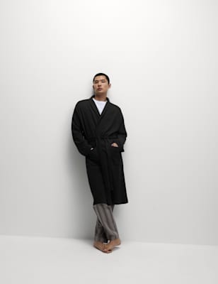 M&S Mens Pure Cotton Waffle Lightweight Dressing Gown - M - Black, Black,Grey Mix