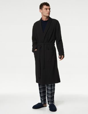 M&S Mens Pure Cotton Waffle Lightweight Dressing Gown - M - Black, Black,Grey Mix