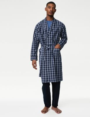 M&S Mens Pure Cotton Checked Dressing Gown - M - Navy Mix, Navy Mix