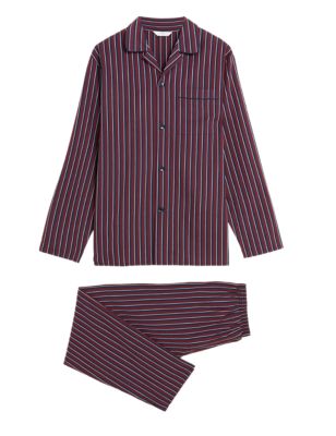 M&S Mens Pure Cotton Striped Pyjama Set - Burgundy Mix, Burgundy Mix