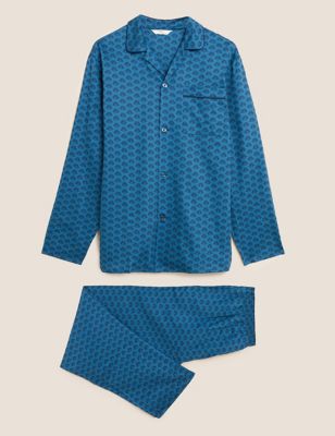 M&S Mens Pure Cotton Fan Print Pyjama Set - Blue Mix, Blue Mix