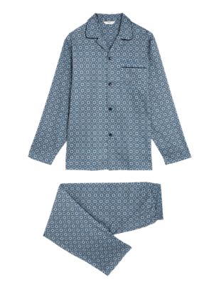 M&S Mens Pure Cotton Mosaic Print Pyjama Set - Blue Mix, Blue Mix