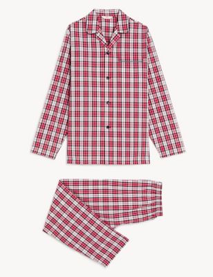 M&S Mens Pure Cotton Checked Pyjama Set - Red Mix, Red Mix