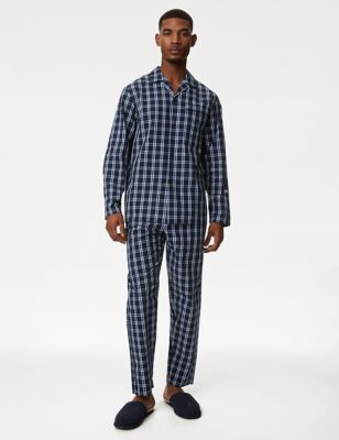 M&S Mens Pure Cotton Checked Pyjama Set - Navy Mix, Navy Mix