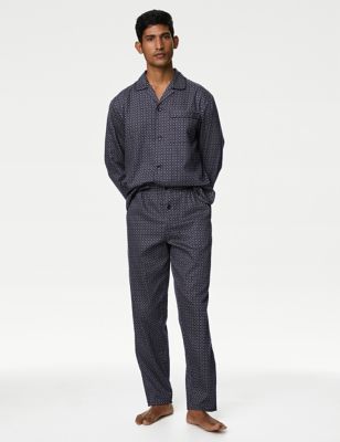 M&S Men's Pure Cotton Geometric Print Pyjama Set - Navy Mix, Navy Mix