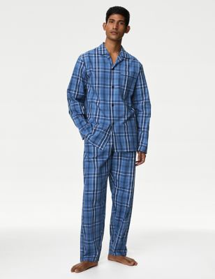 M&S Men's Pure Cotton Checked Pyjama Set - Blue Mix, Blue Mix