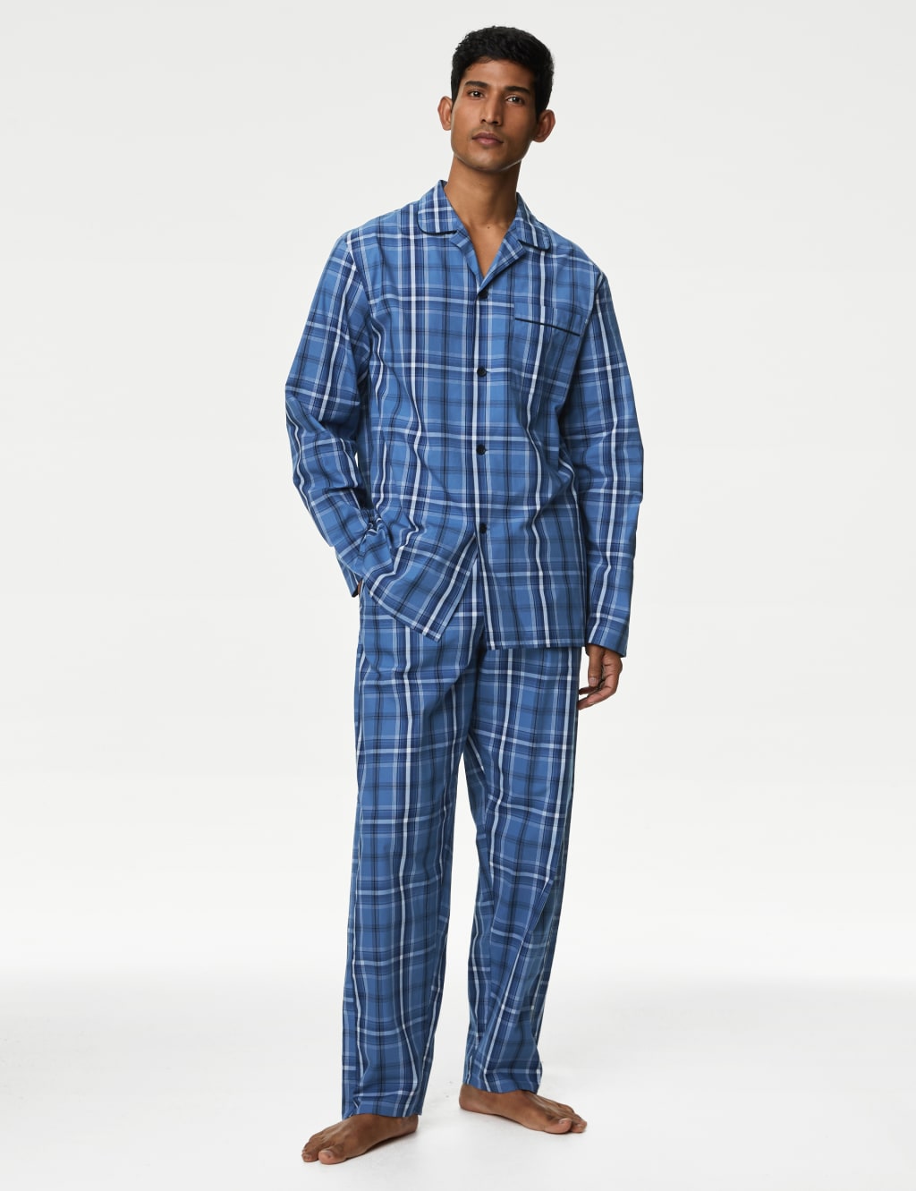 Men's Check Pyjamas Long Sleeve Trouser Set, Size: M-XXL, Black