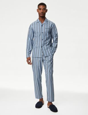 M&S Mens Pure Cotton Striped Pyjama Set - Blue Mix, Blue Mix