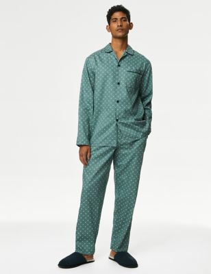 M&S Mens Pure Cotton Pyjama Set - XXL - Green Mix, Green Mix